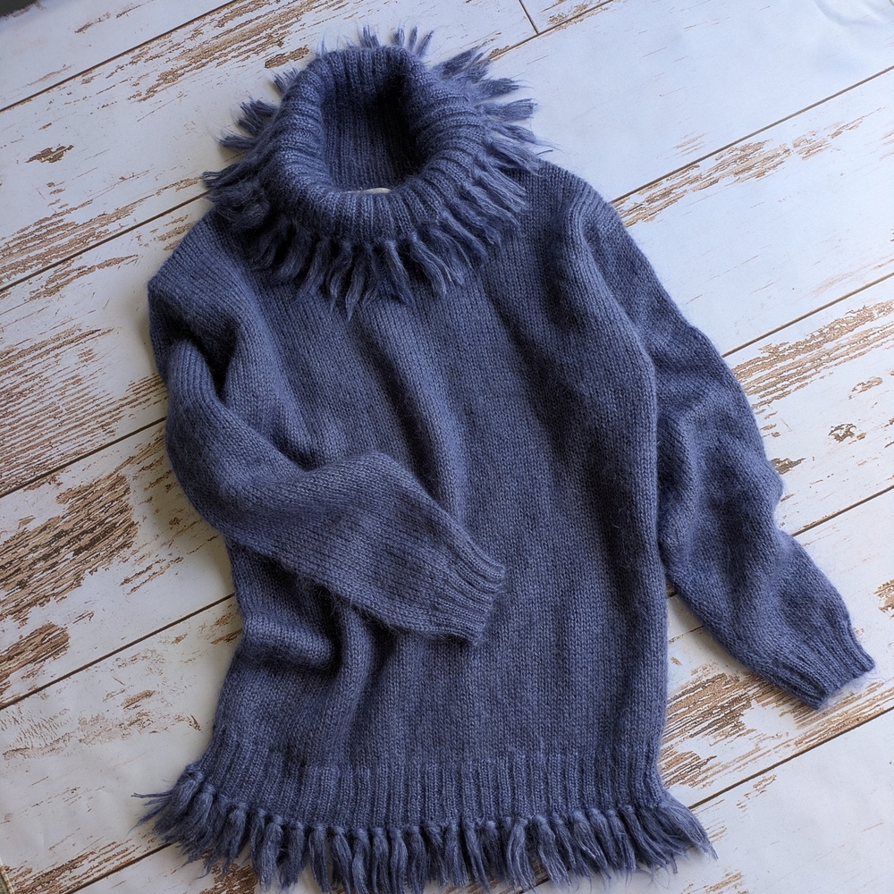 VTG  Faded Violet Fringe Turtleneck Sweater Mohair Wool Mini Dress  M